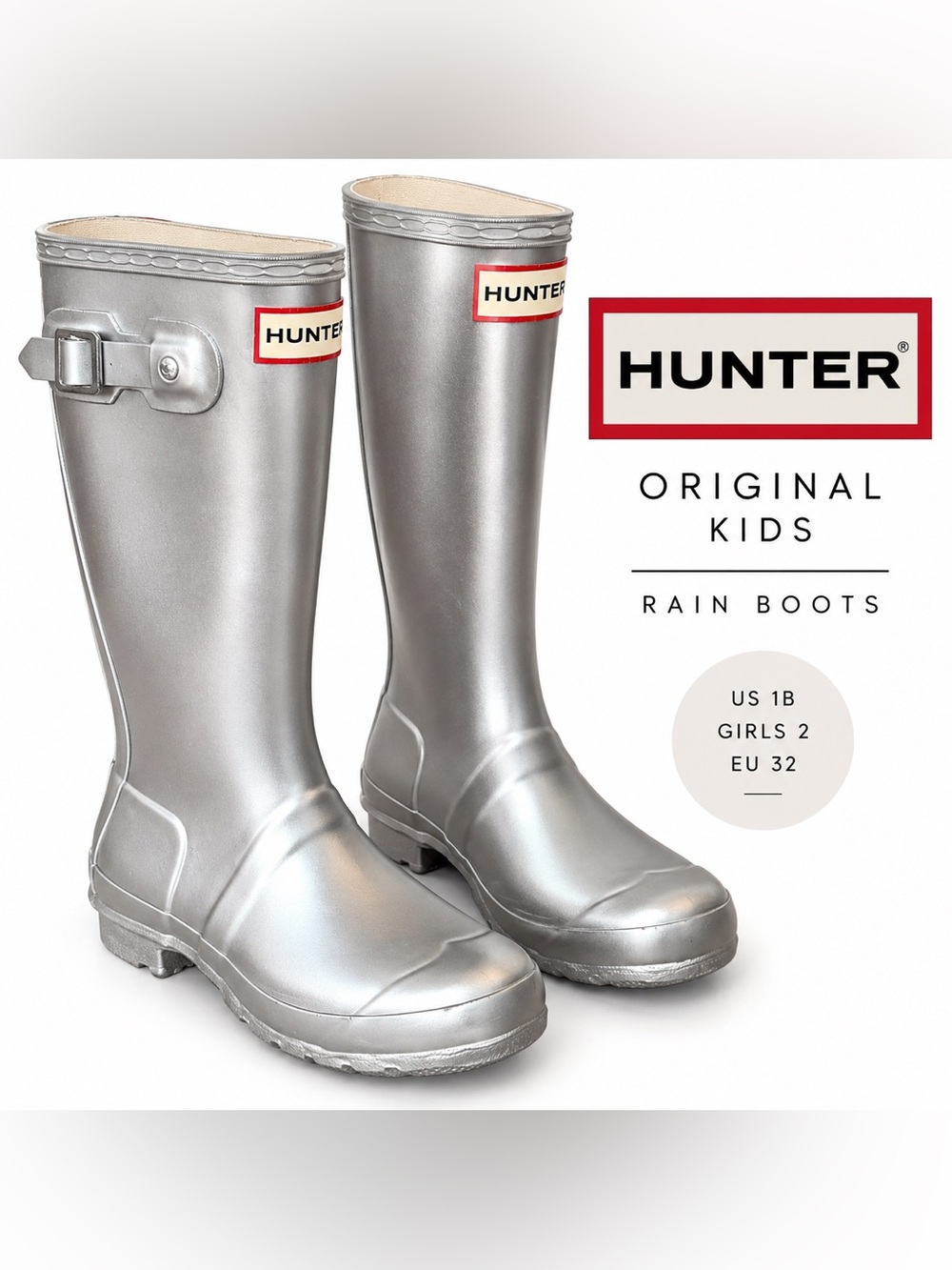 Hunter Original Kids Metallic Silver Tall Rain Boots Girls Size 2 Boys 3